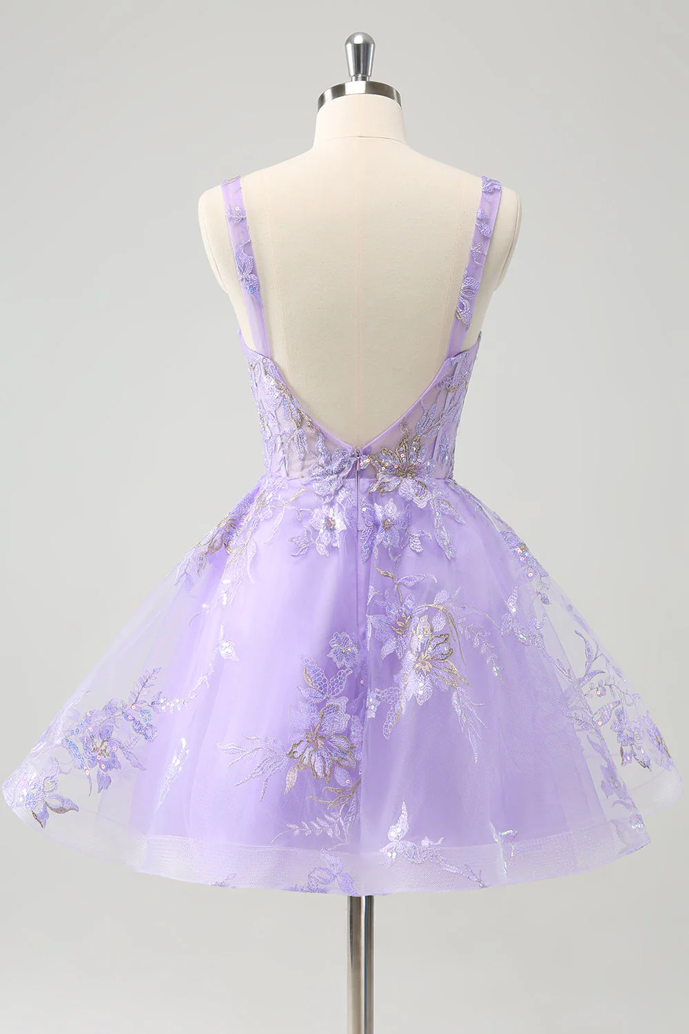 Robe de soirée Court corset trapèze lilas brodée avec paillettes - Image 2