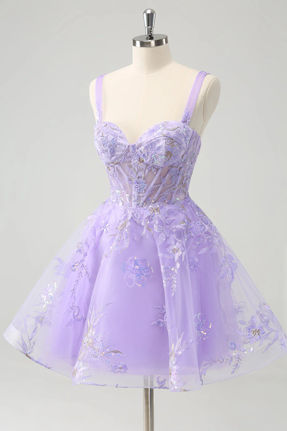 Robe de soirée Court corset trapèze lilas brodée avec paillettes - Image 3