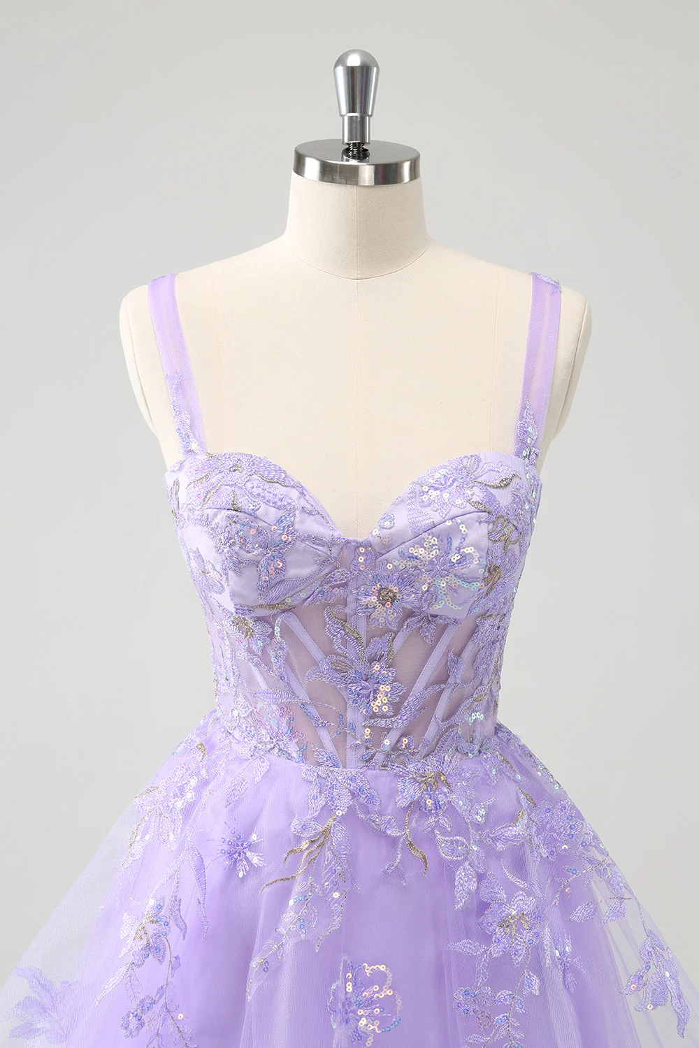 Robe de soirée Court corset trapèze lilas brodée avec paillettes - Image 4