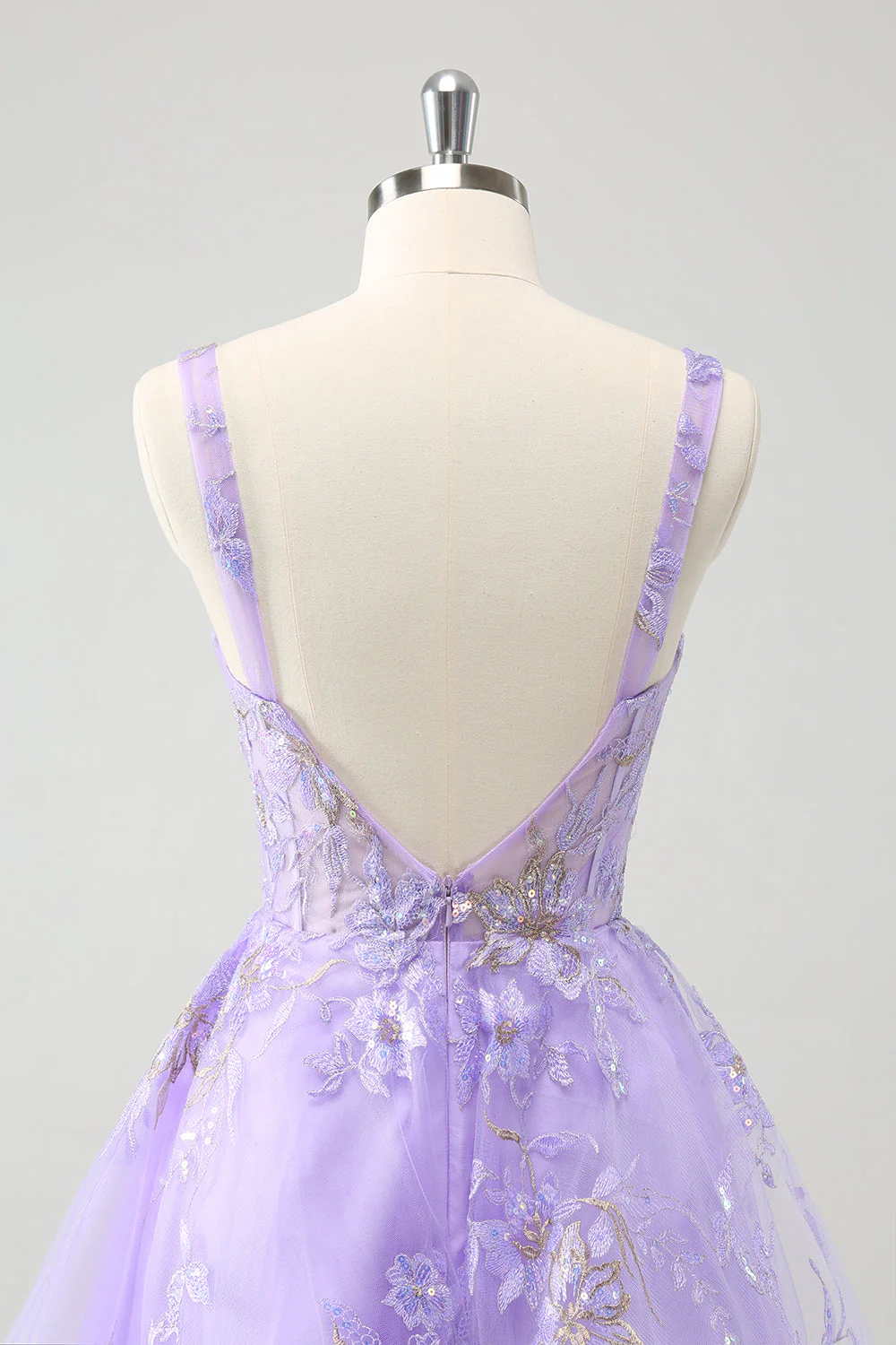 Robe de soirée Court corset trapèze lilas brodée avec paillettes - Image 5