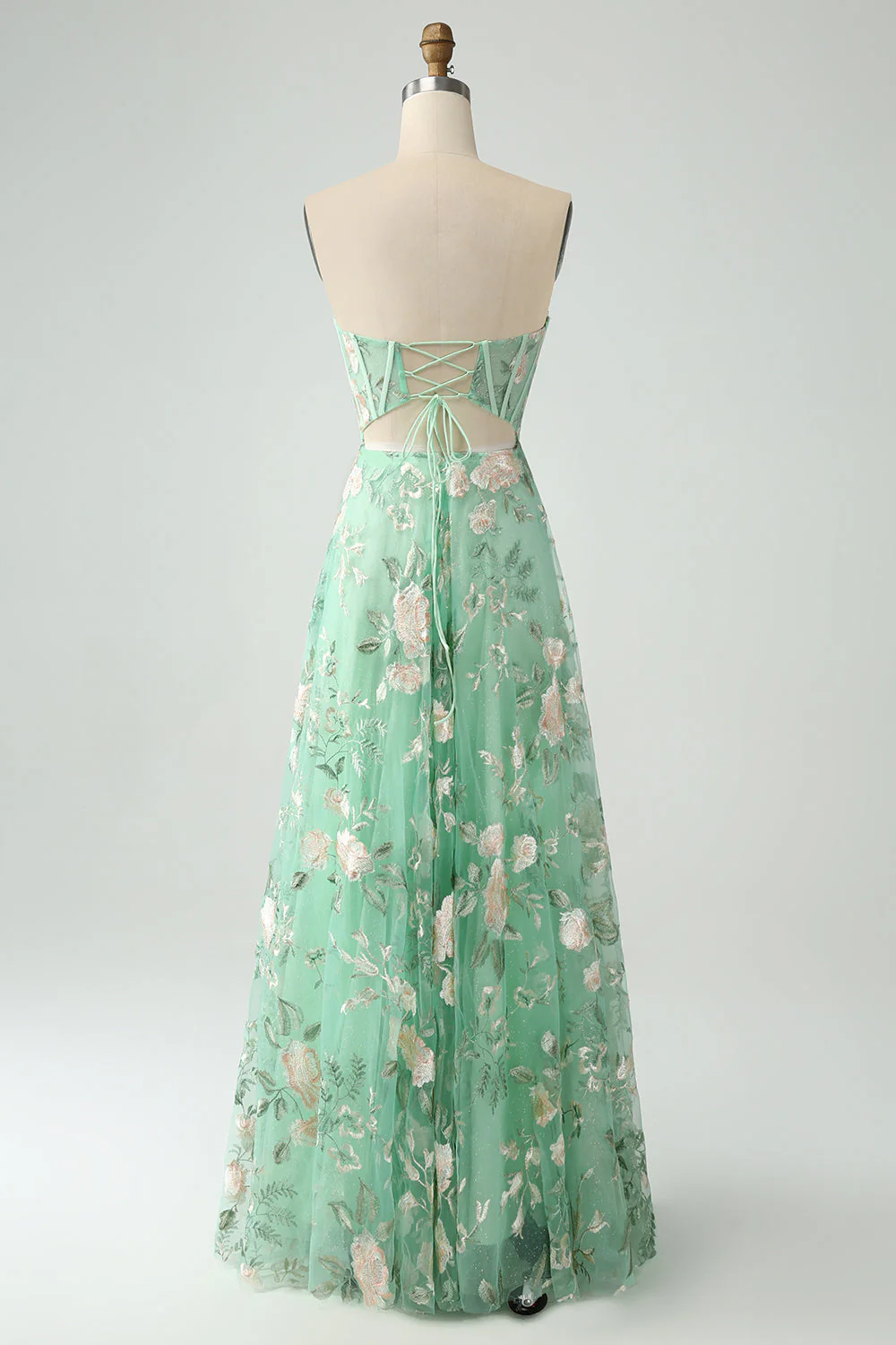 Robe de soirée corset trapèze trapèze vert clair avec broderie - Image 10