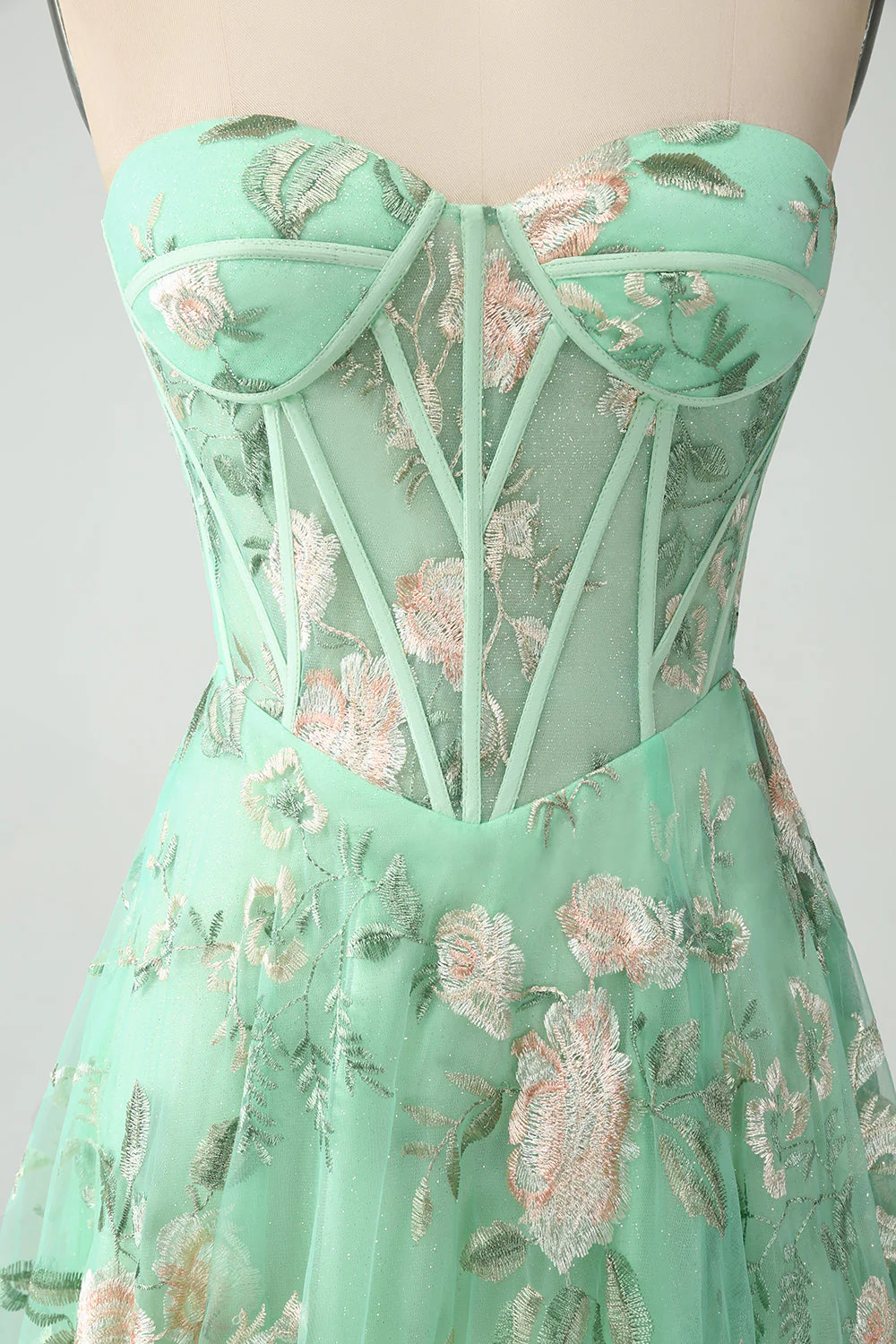 Robe de soirée corset trapèze trapèze vert clair avec broderie - Image 15