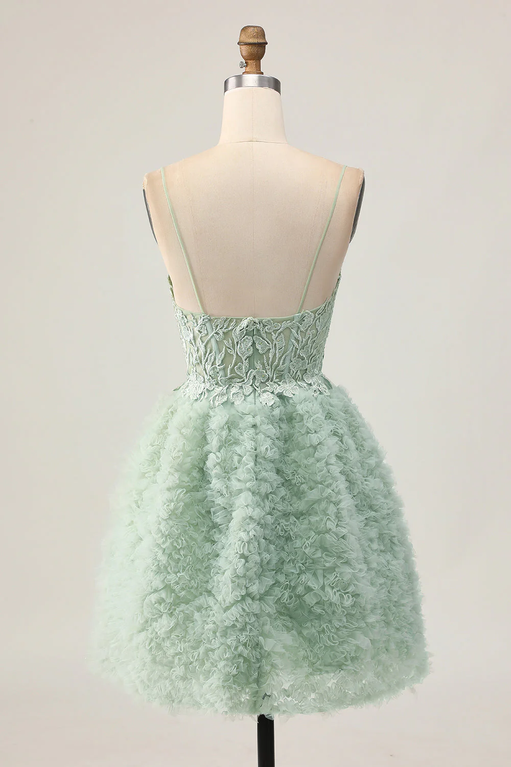 Robe de bal corset trapèze vert sauge avec appliques - Image 2