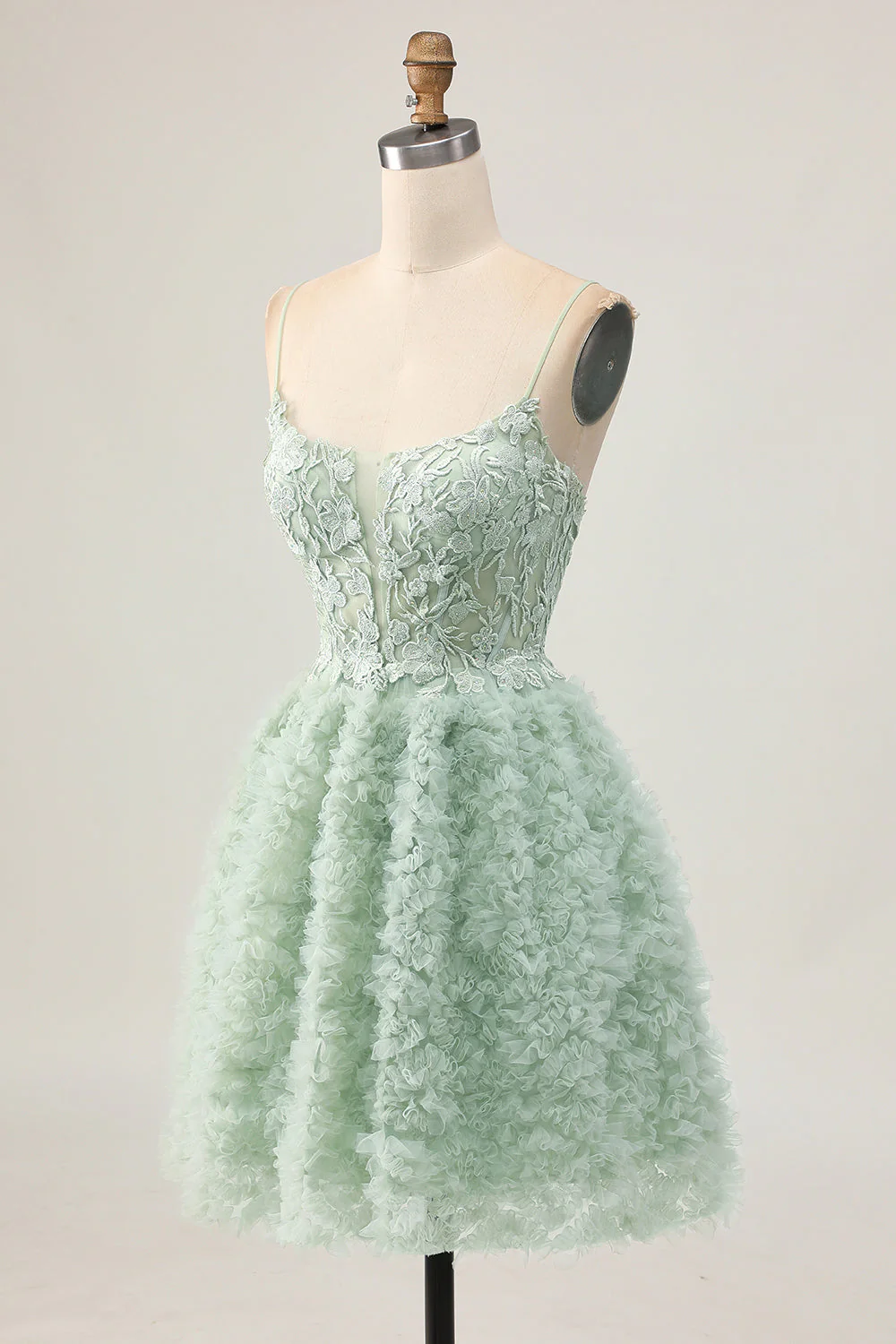 Robe de bal corset trapèze vert sauge avec appliques - Image 5