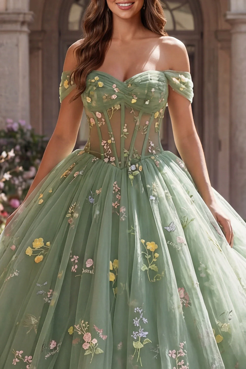 Robe de bal corset verte à épaules dénudées, robe florale de quinceañera - Image 3