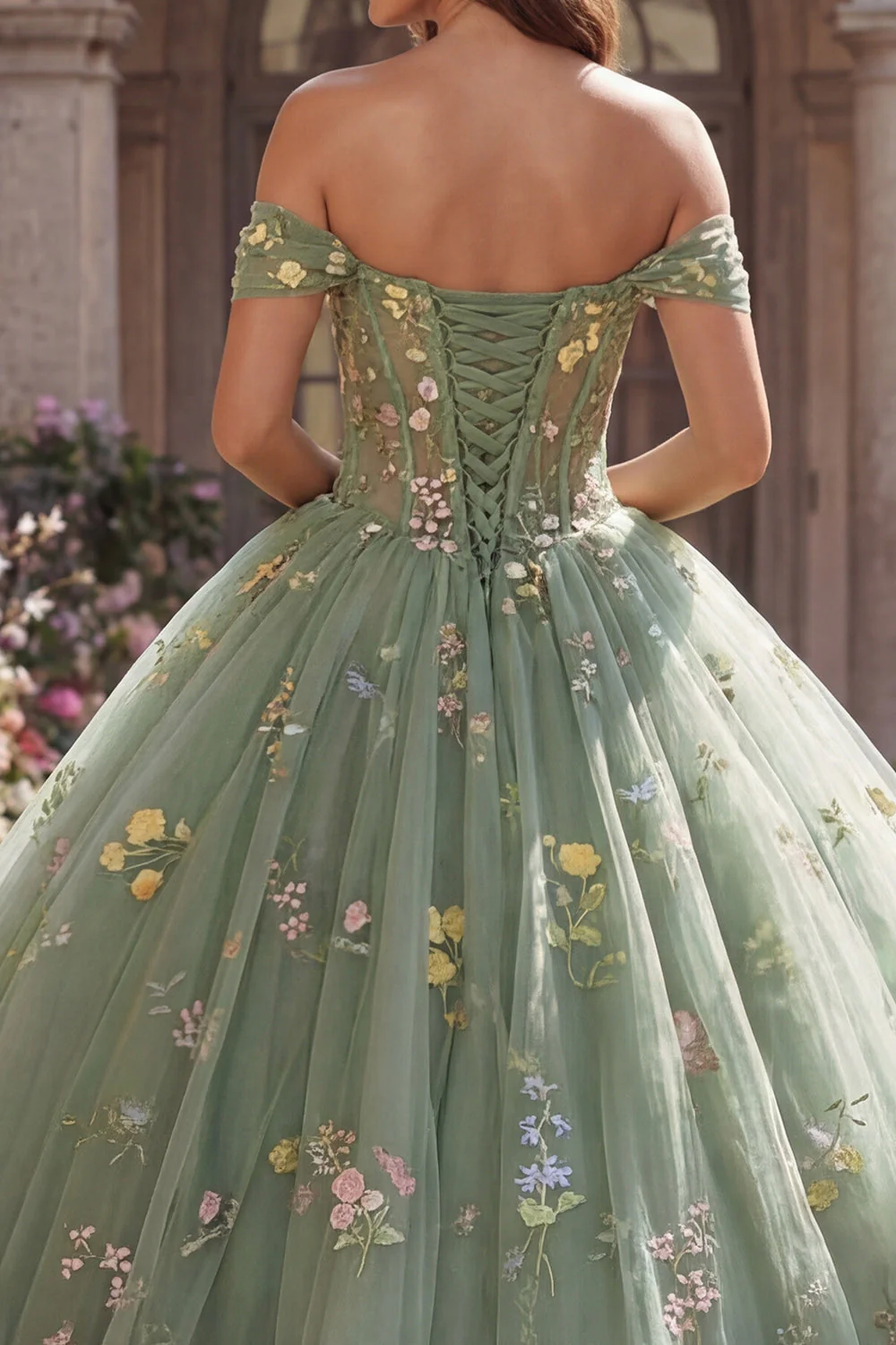 Robe de bal corset verte à épaules dénudées, robe florale de quinceañera - Image 4
