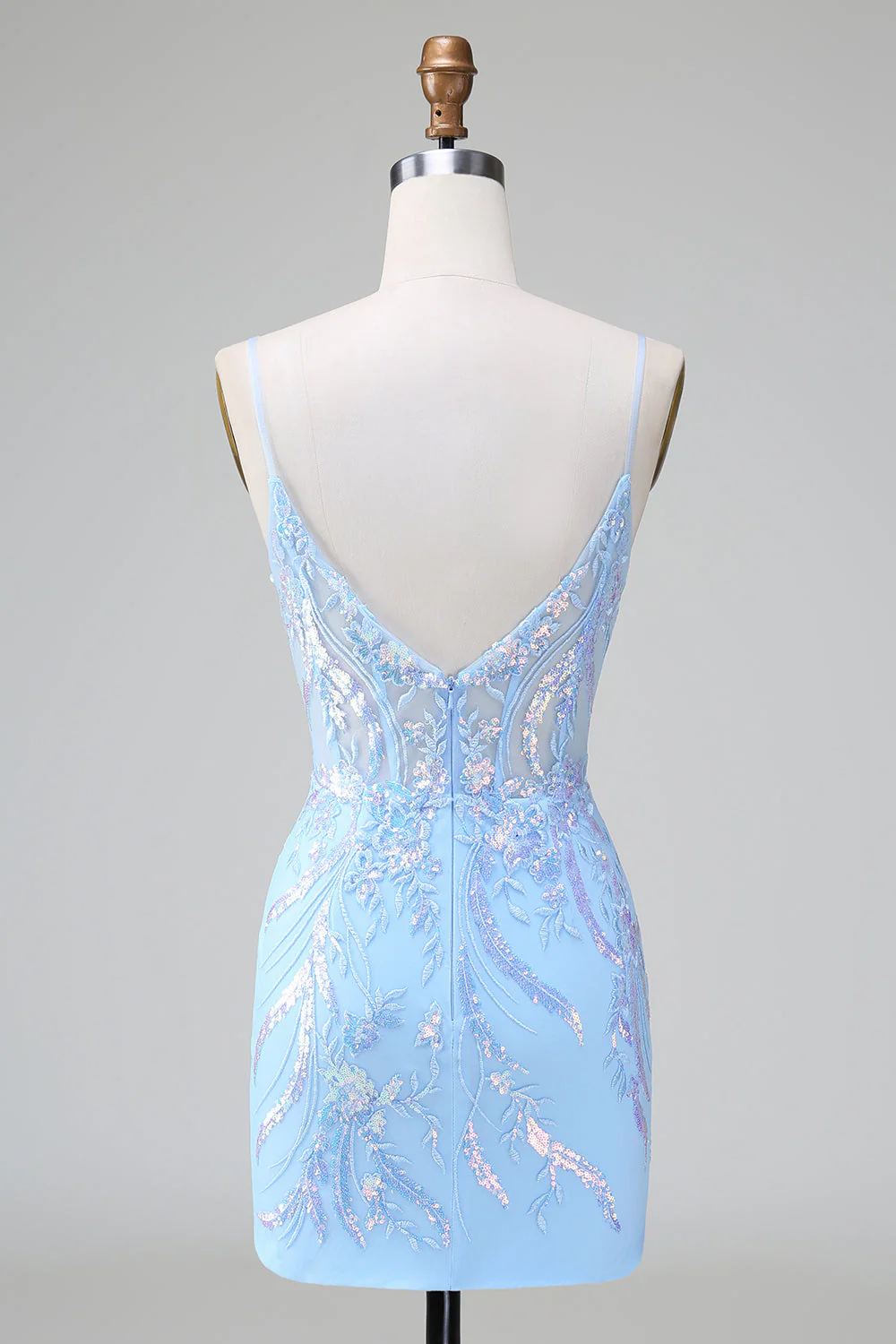 Robe de bal courte à dos ouvert à paillettes bleues corset avec broderie - Image 2