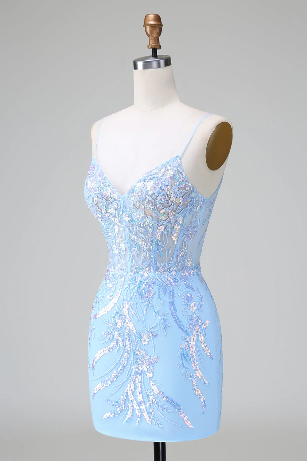 Robe de bal courte à dos ouvert à paillettes bleues corset avec broderie - Image 3