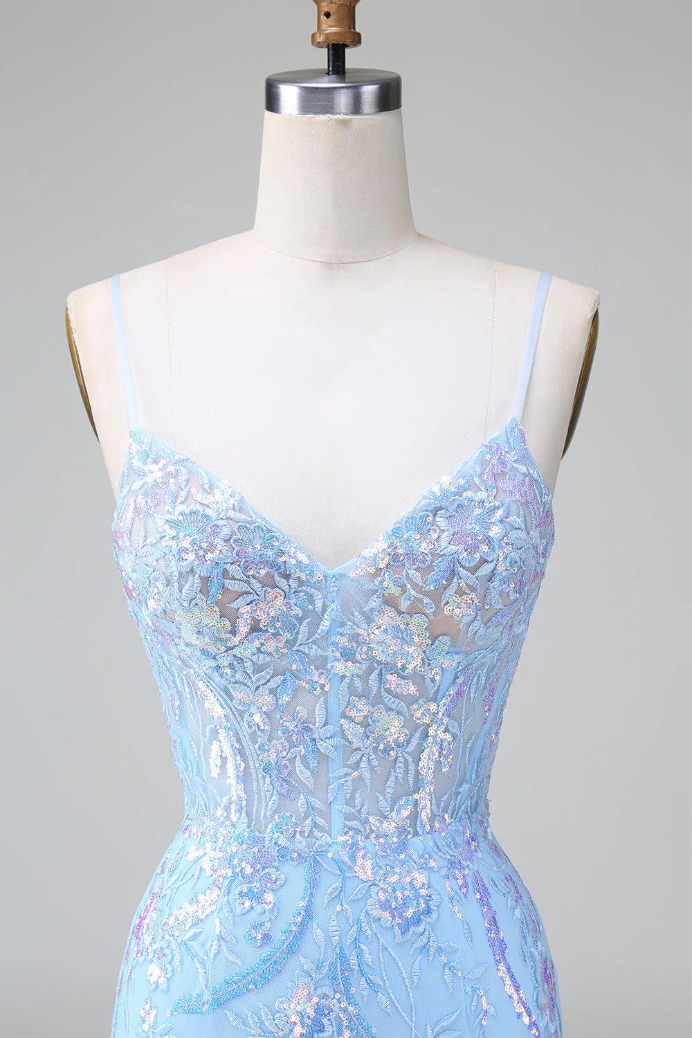 Robe de bal courte à dos ouvert à paillettes bleues corset avec broderie - Image 4