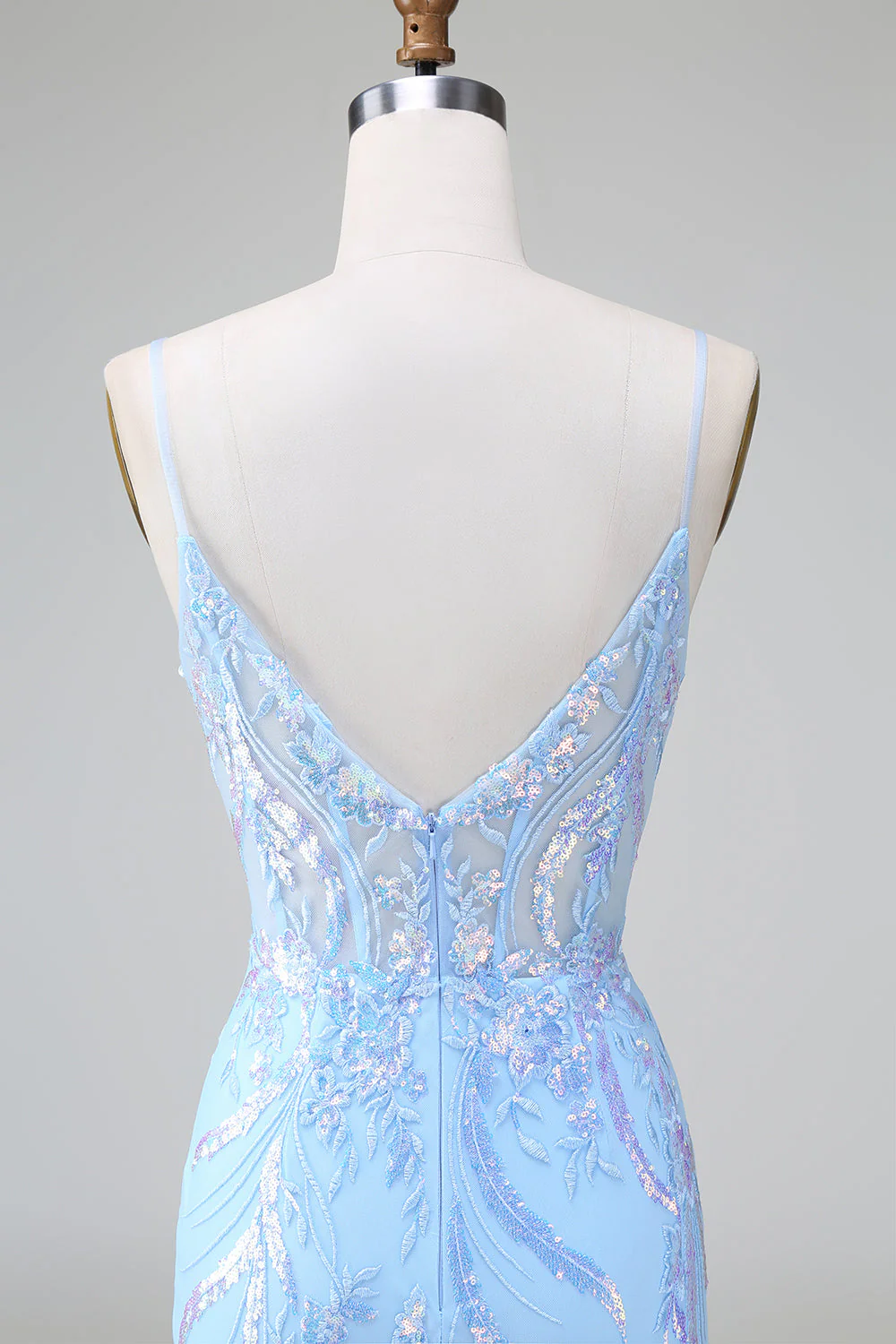 Robe de bal courte à dos ouvert à paillettes bleues corset avec broderie - Image 5