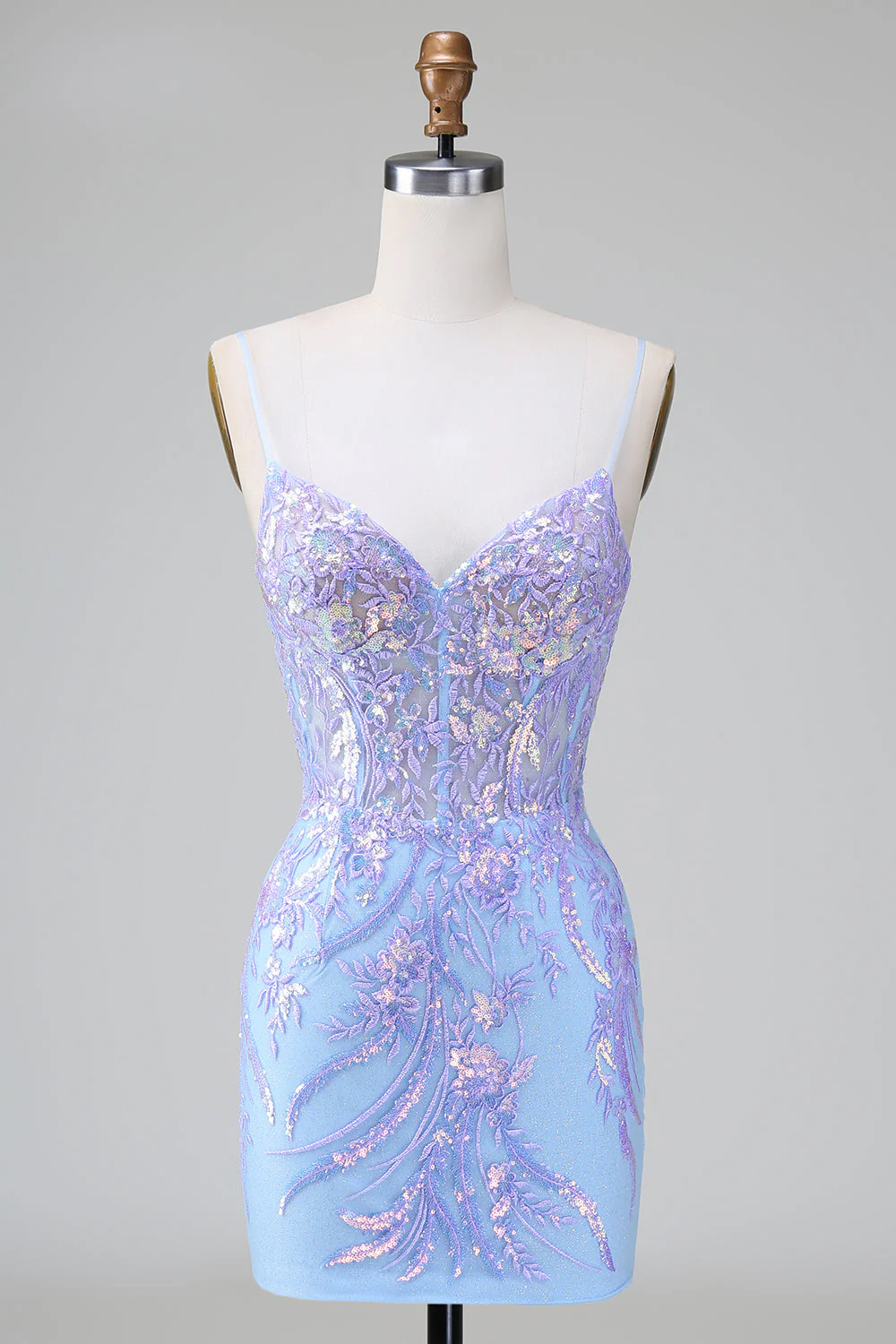 Robe de bal courte à dos ouvert à paillettes bleues corset avec broderie - Image 7