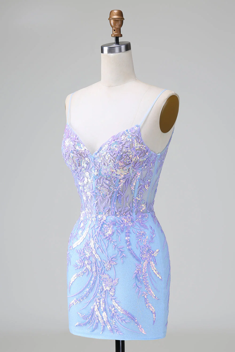 Robe de bal courte à dos ouvert à paillettes bleues corset avec broderie - Image 9