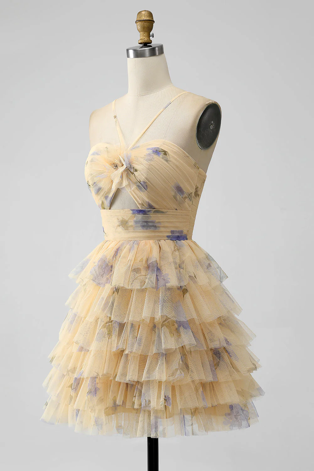 Robe de bal courte en tulle jaune à plusieurs niveaux - Image 3
