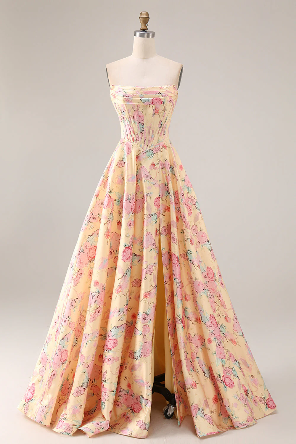 Robe de bal de bal basque jaune rose rose sans bretelles A Line à taille longue et fendue