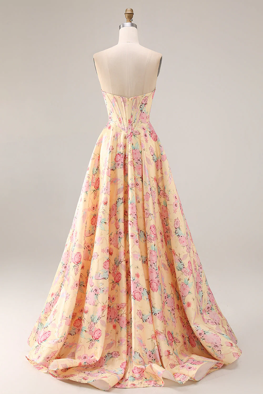 Robe de bal de bal basque jaune rose rose sans bretelles A Line à taille longue et fendue - Image 2