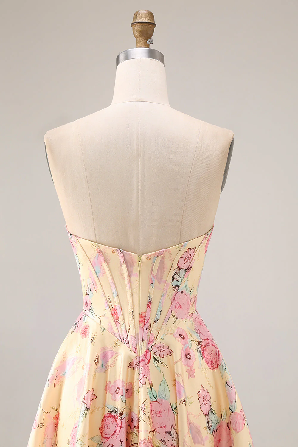 Robe de bal de bal basque jaune rose rose sans bretelles A Line à taille longue et fendue - Image 5