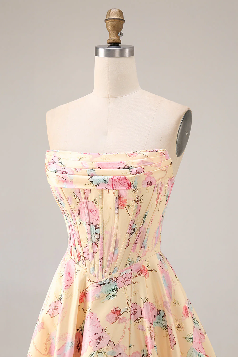 Robe de bal de bal basque jaune rose rose sans bretelles A Line à taille longue et fendue - Image 6