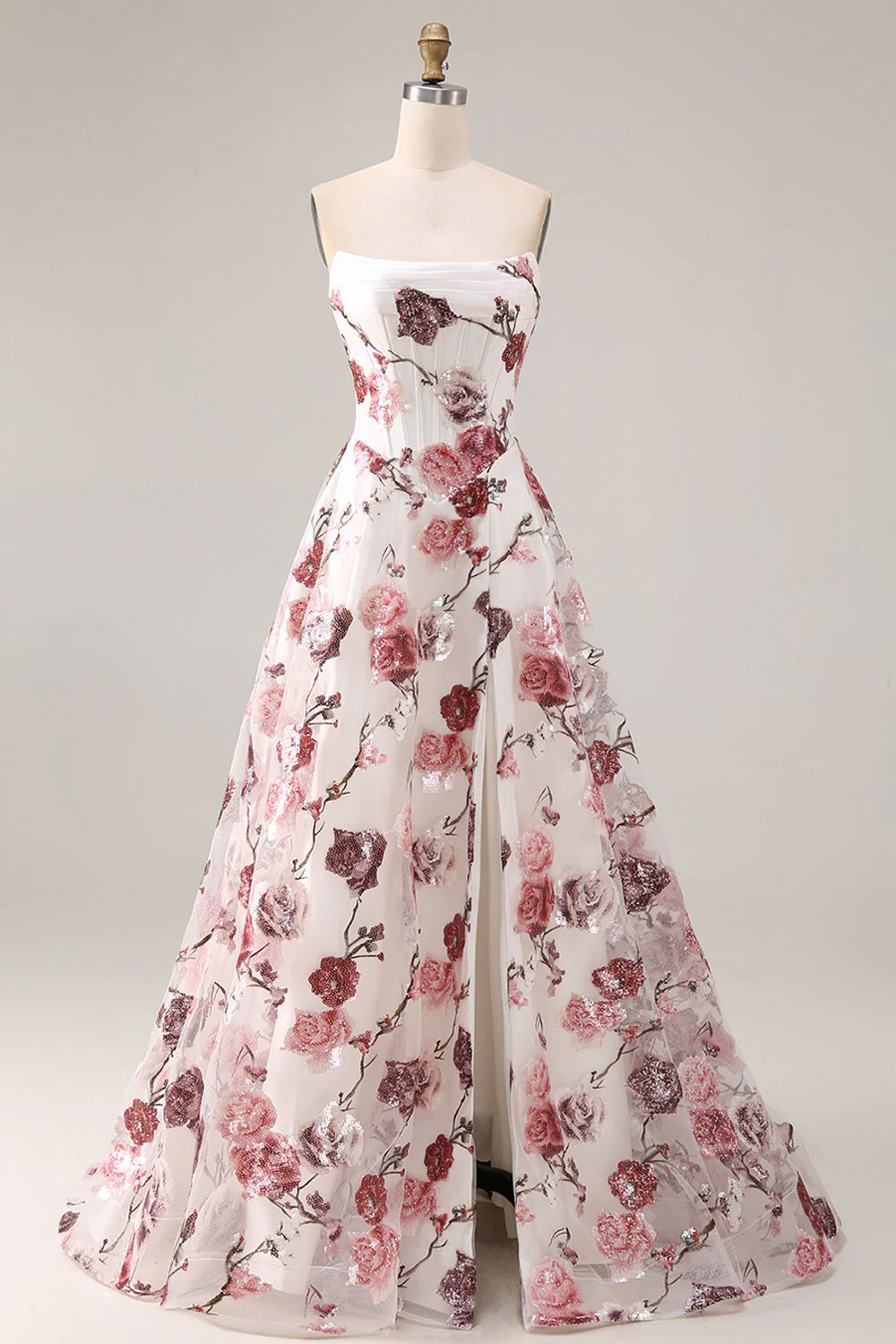 Robe de bal de bal basque sans bretelles en fleur rouge, taille longue, avec fente
