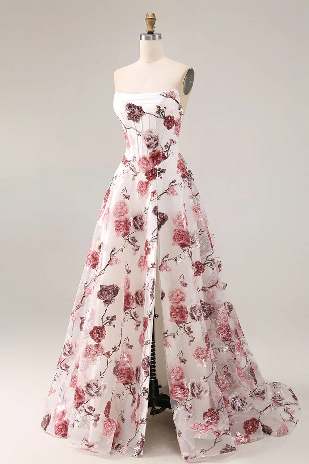 Robe de bal de bal basque sans bretelles en fleur rouge, taille longue, avec fente - Image 3