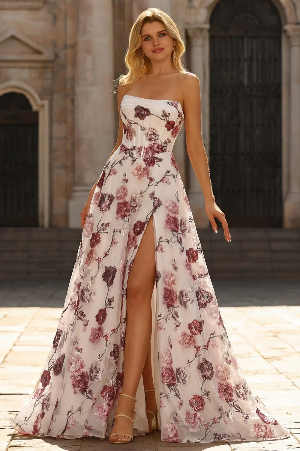 Robe de bal de bal basque sans bretelles en fleur rouge, taille longue, avec fente - Image 4