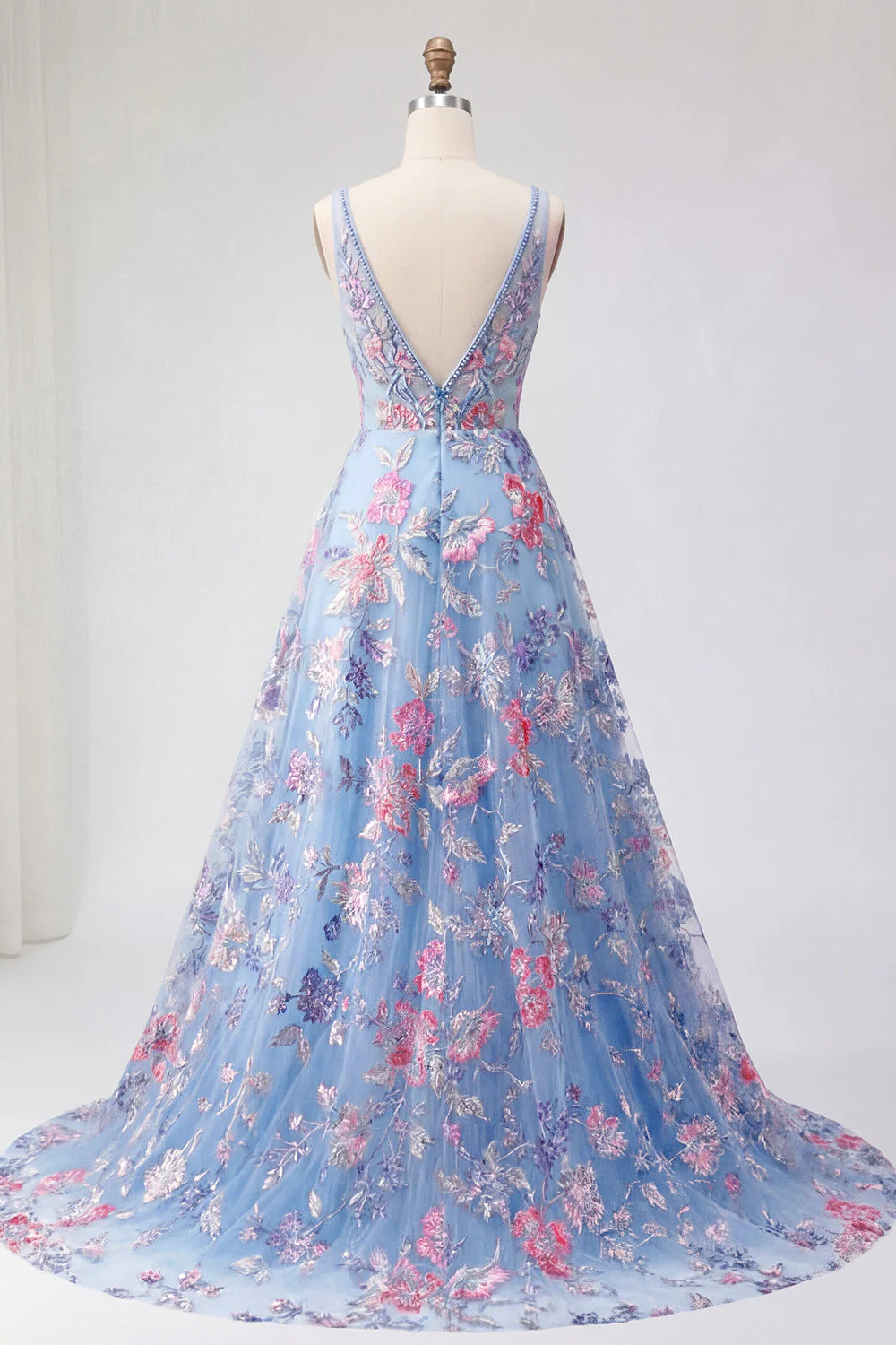 Robe de bal de bal bleue fleurale en ligne A à col en V - Image 2