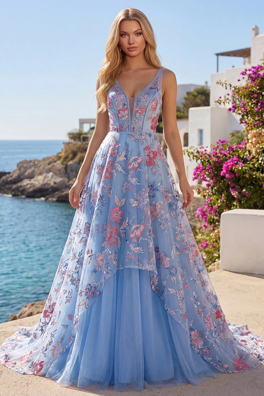 Robe de bal de bal bleue fleurale en ligne A à col en V - Image 3