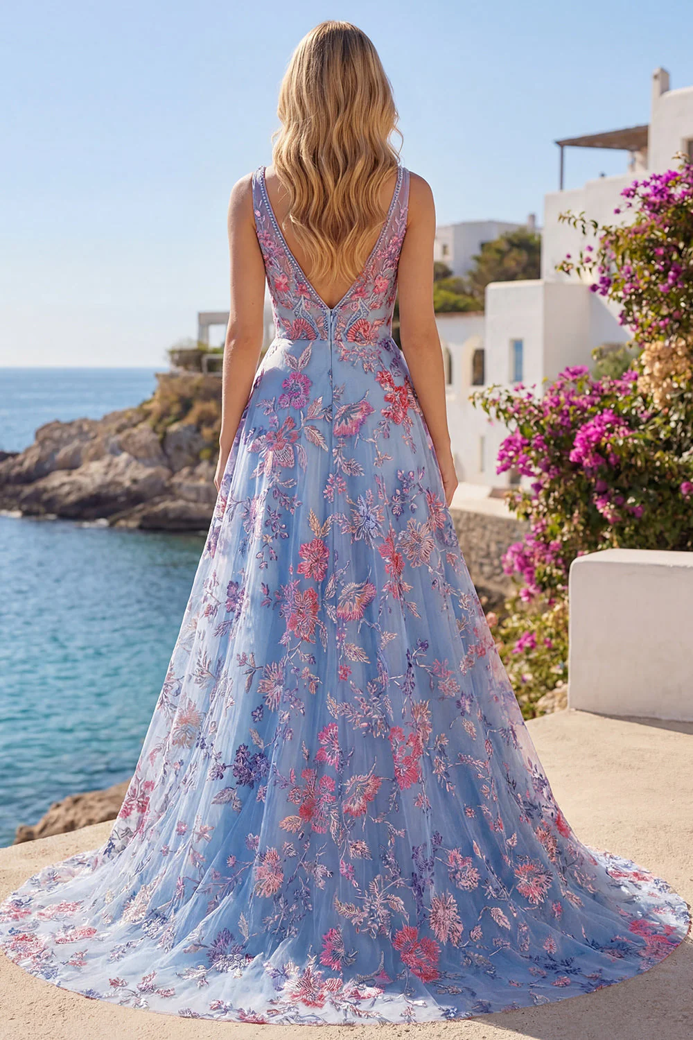 Robe de bal de bal bleue fleurale en ligne A à col en V - Image 4
