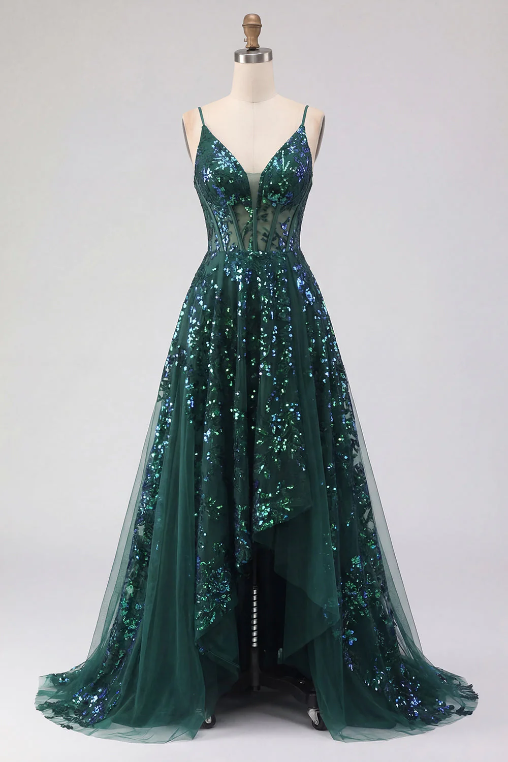 Robe de bal de bal corset vert foncé scintillante en tulle haut et bas à sequins