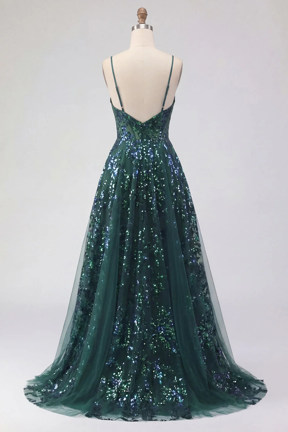 Robe de bal de bal corset vert foncé scintillante en tulle haut et bas à sequins - Image 2