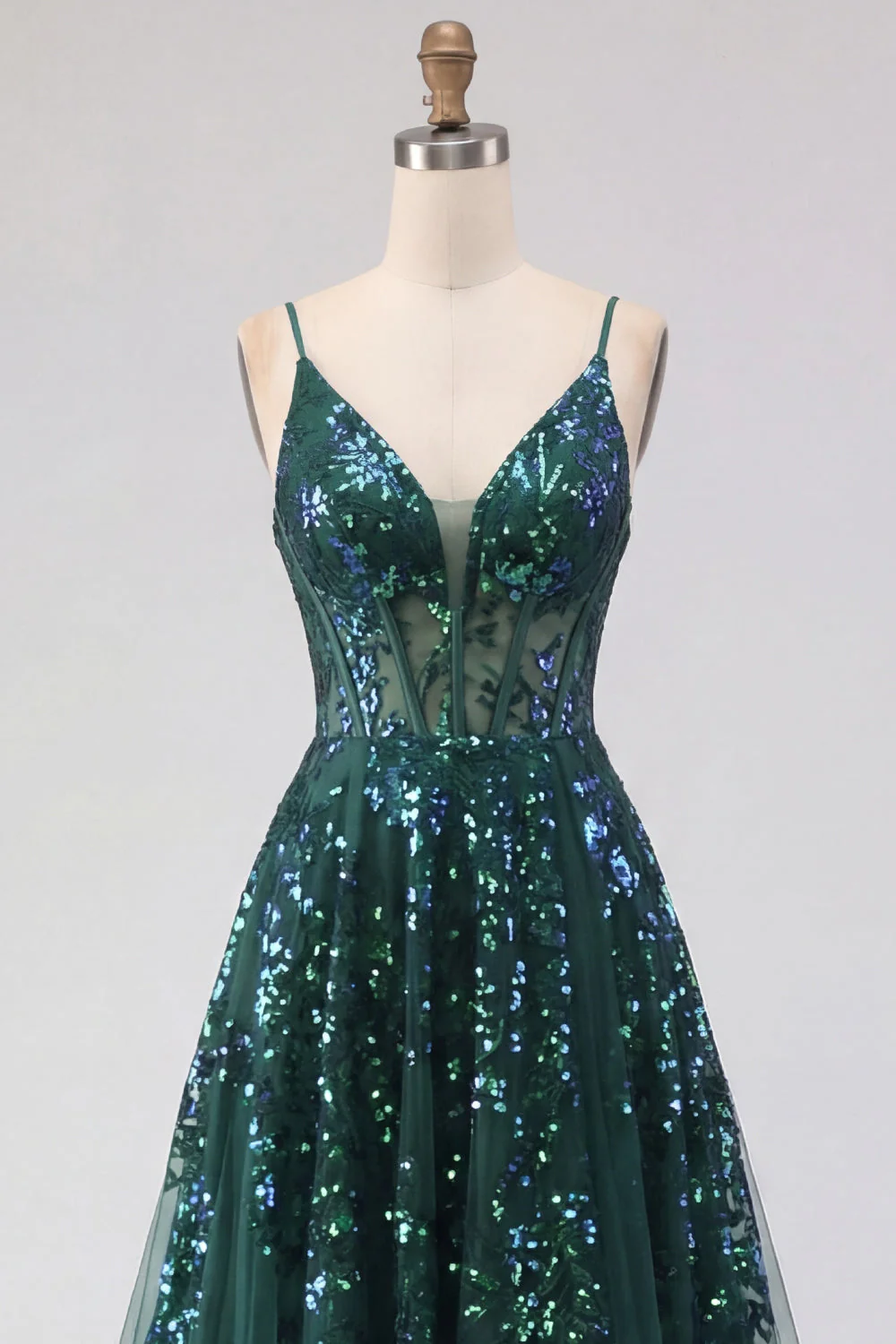 Robe de bal de bal corset vert foncé scintillante en tulle haut et bas à sequins - Image 5