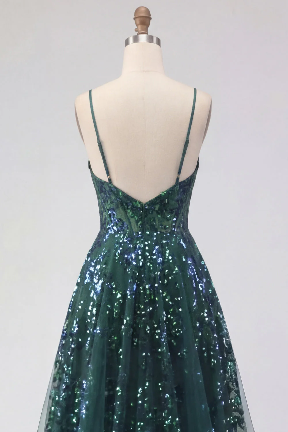 Robe de bal de bal corset vert foncé scintillante en tulle haut et bas à sequins - Image 6