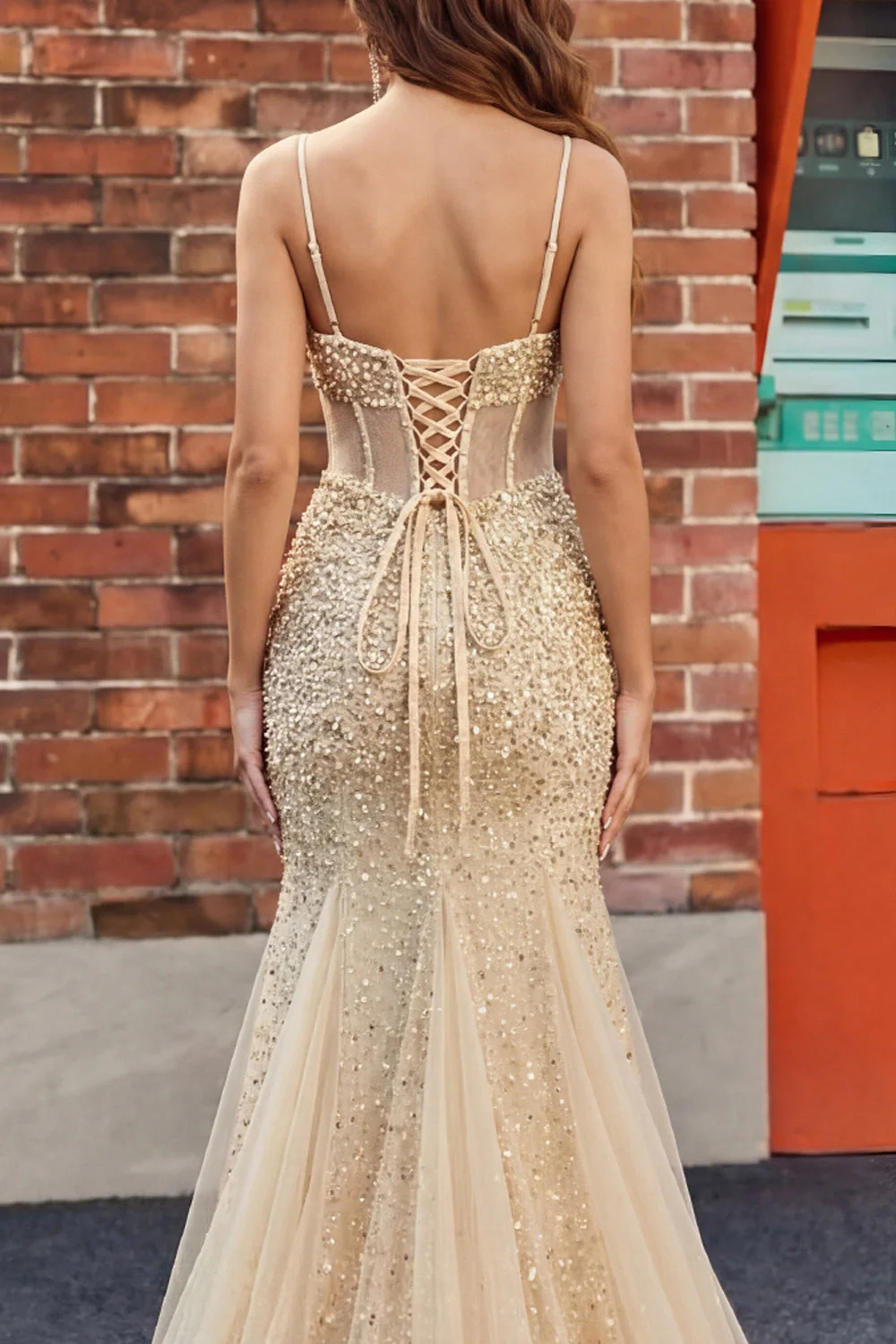 Robe de bal de bal en corset sirène à paillettes champagne - Image 4