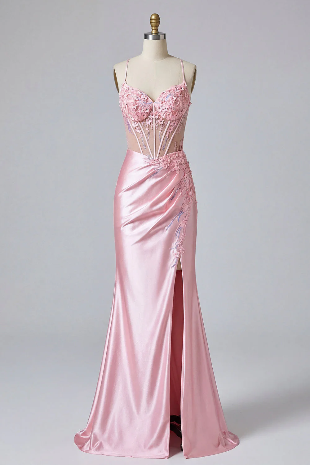 Robe de bal de bal en corset sirène rose à fentes - Image 5