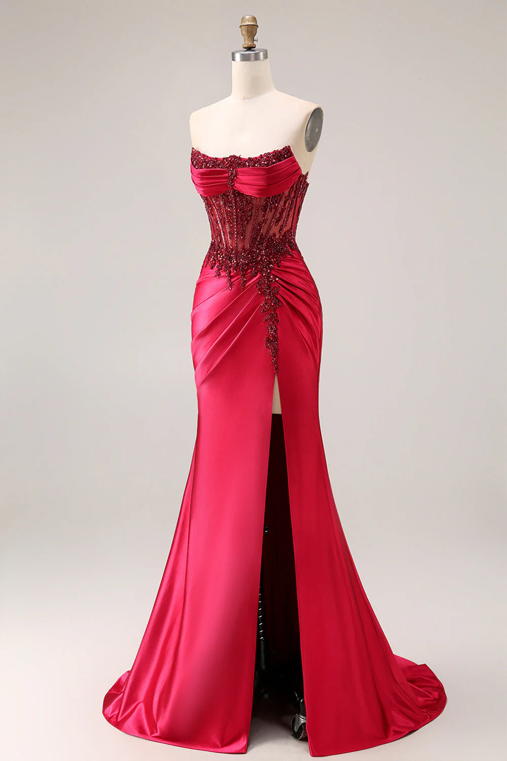 Robe de bal de bal en satin en satin en bordeaux bordeaux et corset de bal, fente - Image 2