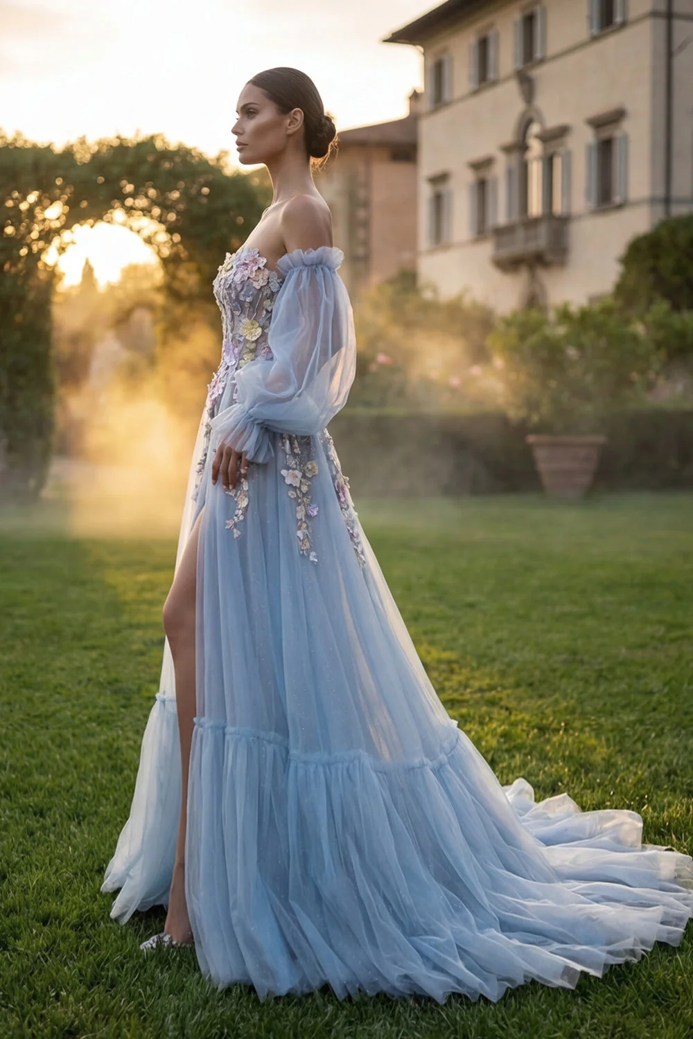 Robe de bal de bal en tulle bleu clair Sweetheart A-Line fleur appliquée avec fente - Image 3