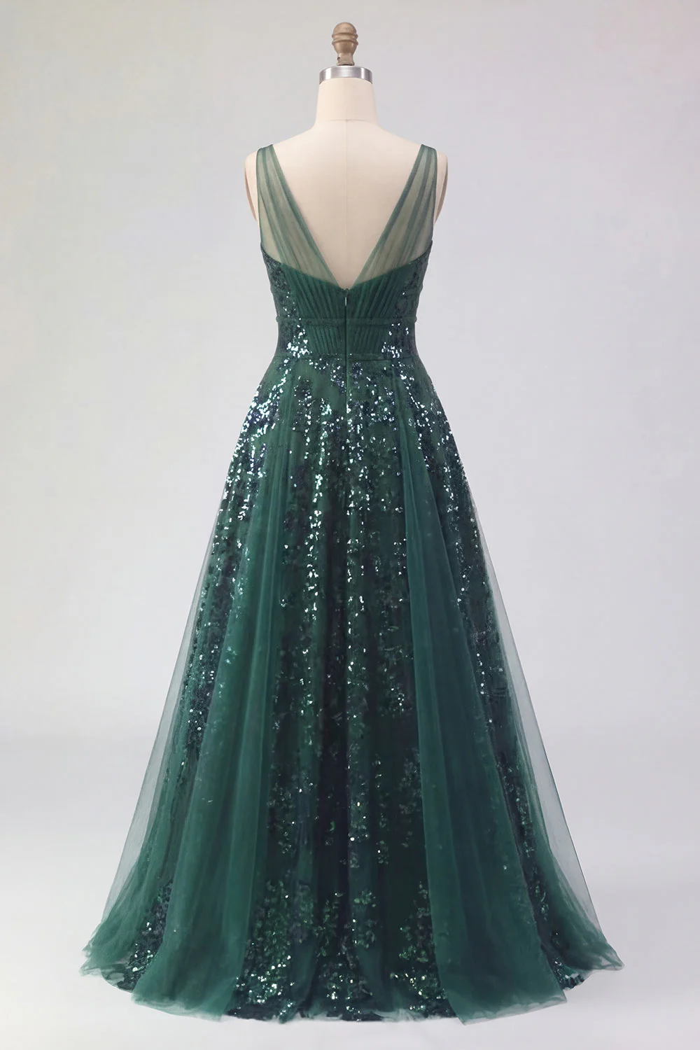 Robe de bal de bal en tulle vert foncé à col en V vert foncé scintillante A Line Long Paillettes - Image 2