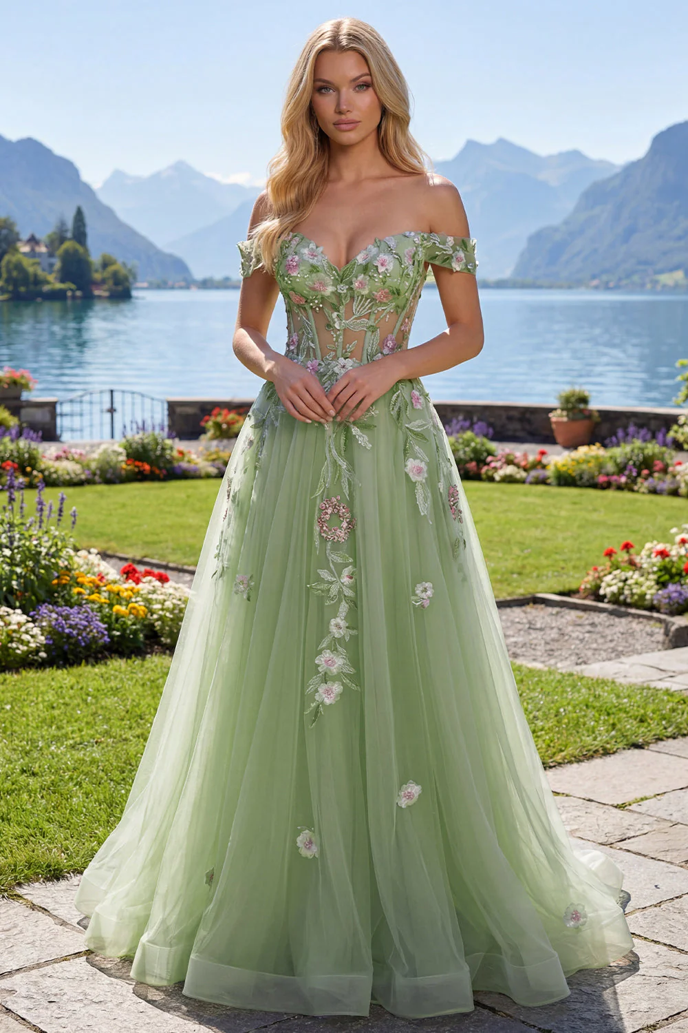 Robe de bal de bal florale à épaules dénudées, corset fleuri vert A Line - Image 3