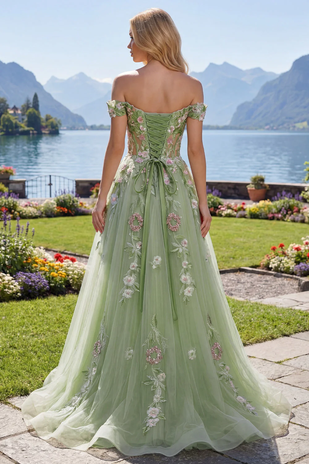 Robe de bal de bal florale à épaules dénudées, corset fleuri vert A Line - Image 4