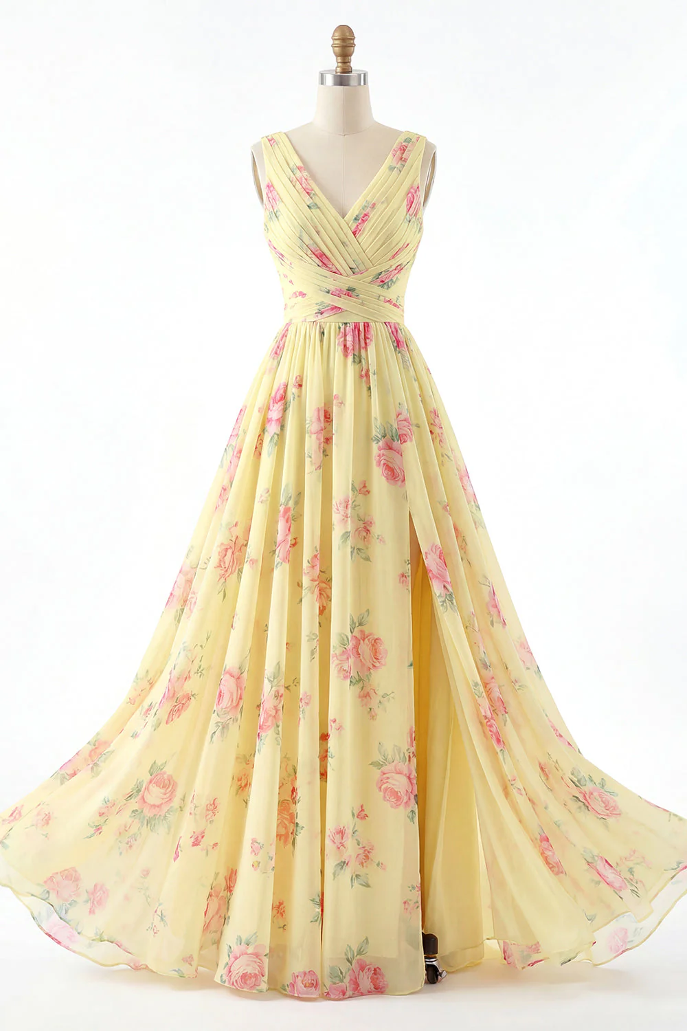Robe de bal de bal jaune à col en V à fête florale A Line