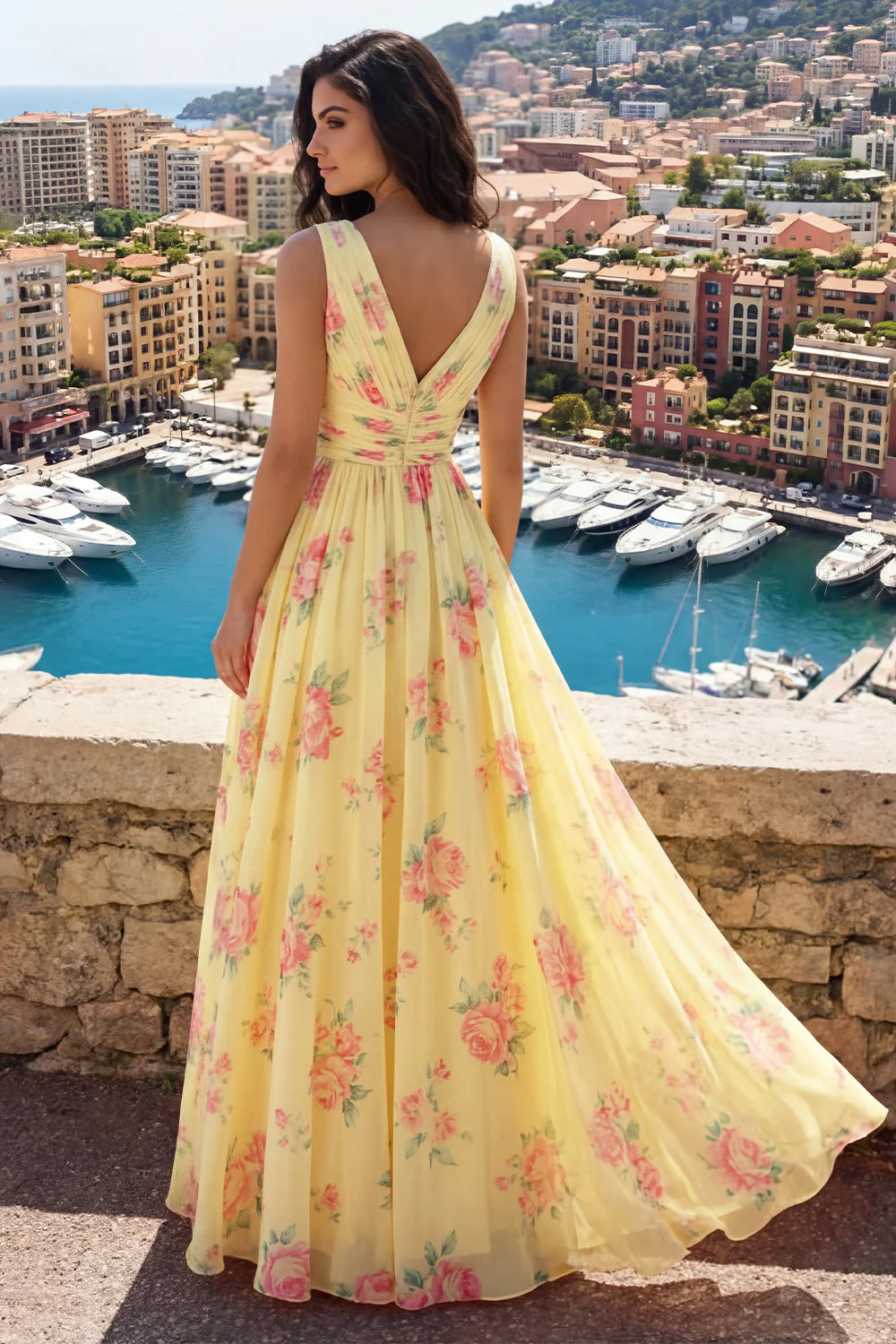 Robe de bal de bal jaune à col en V à fête florale A Line - Image 4