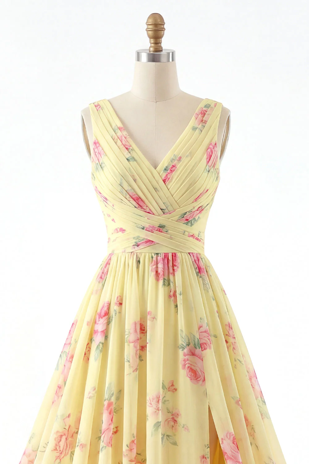 Robe de bal de bal jaune à col en V à fête florale A Line - Image 7
