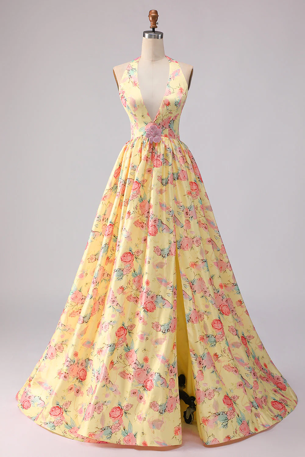 Robe de bal de bal jaune rose rose fleur profonde à col profond A line dos ouvert avec fente