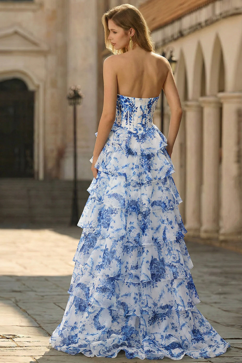 Robe de bal de bal longue à étages à étages blanche bleue, fleur bleue, ligne A, taille sans bretelles - Image 2