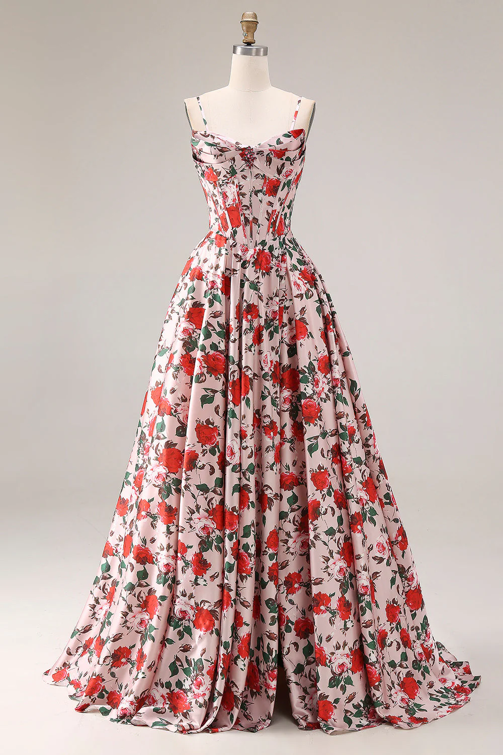 Robe de bal longue rose ligne A bretelles fines