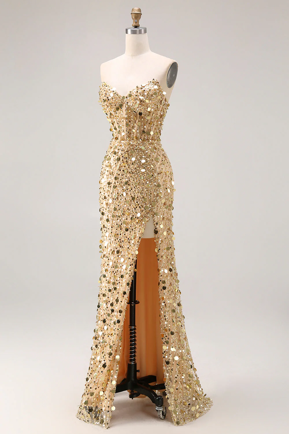 Robe de bal de bal longue longue taille grande taille en paillettes dorées sans bretelles - Image 6