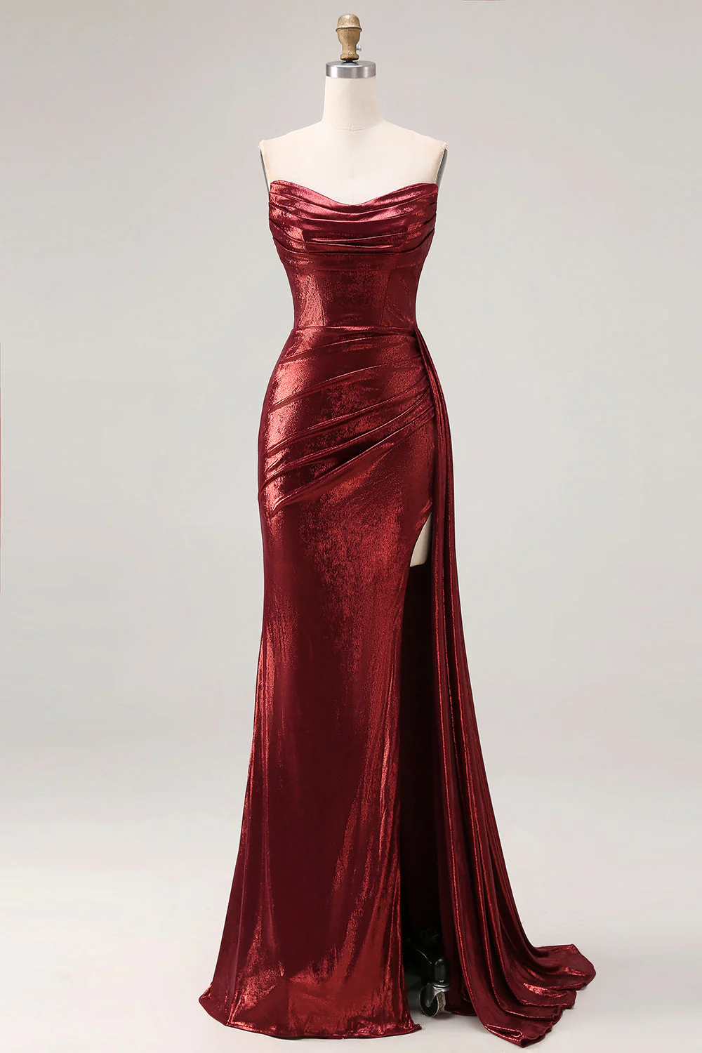 Robe de bal de bal longue sirène de promo sans bretelles en bourgogne métallique