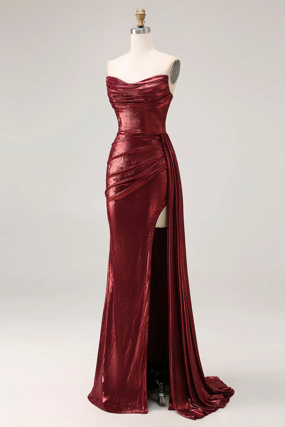 Robe de bal de bal longue sirène de promo sans bretelles en bourgogne métallique - Image 3
