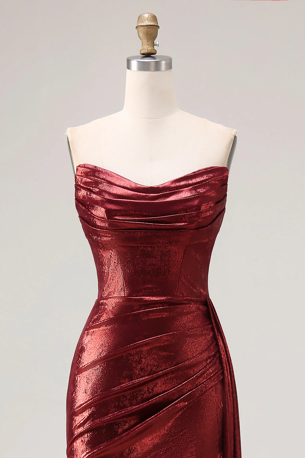 Robe de bal de bal longue sirène de promo sans bretelles en bourgogne métallique - Image 4