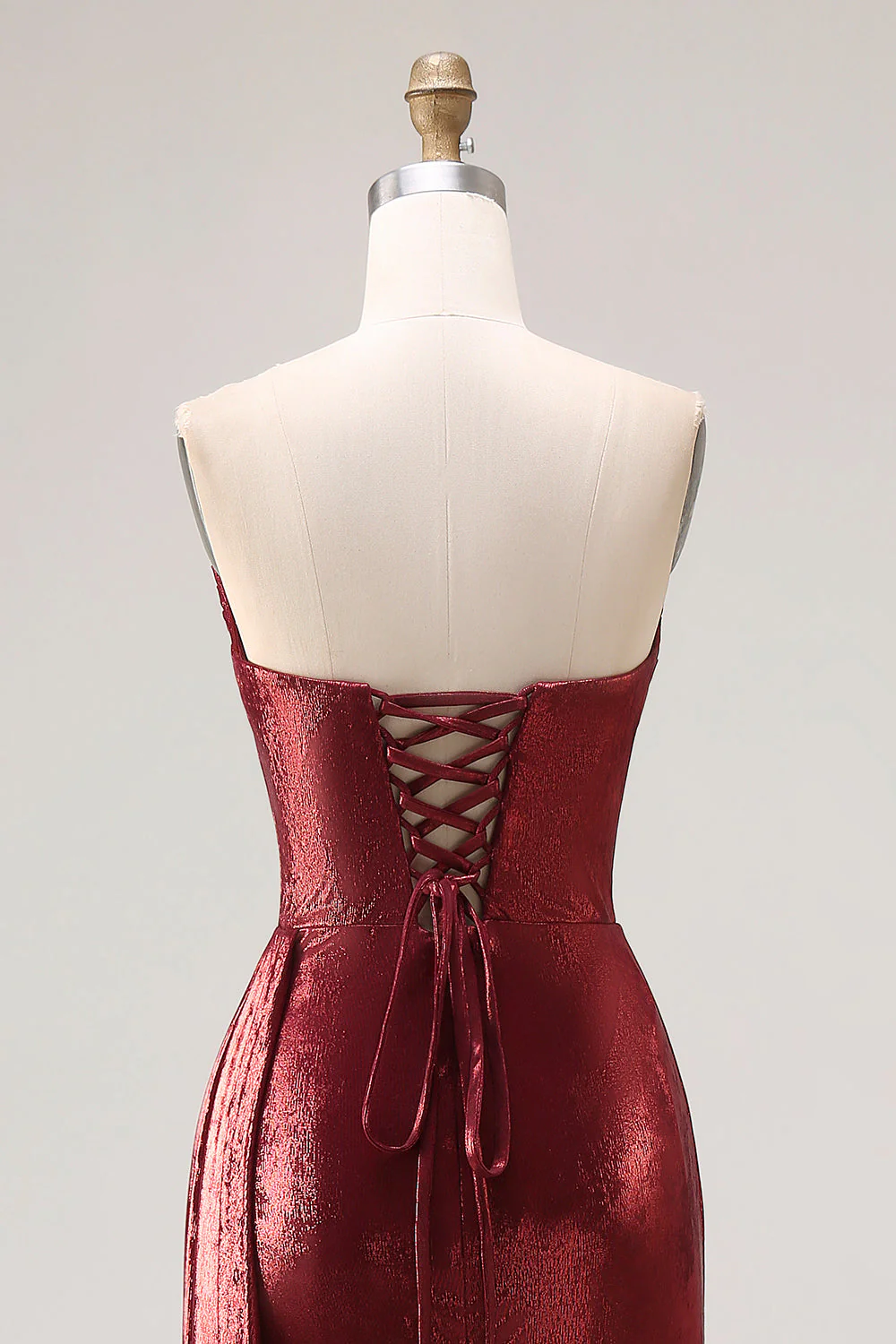 Robe de bal de bal longue sirène de promo sans bretelles en bourgogne métallique - Image 5