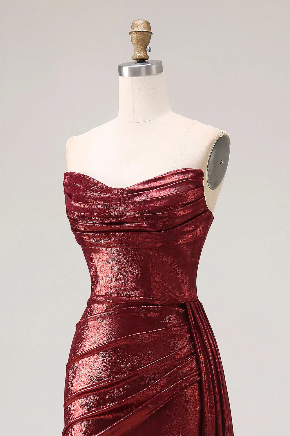 Robe de bal de bal longue sirène de promo sans bretelles en bourgogne métallique - Image 6